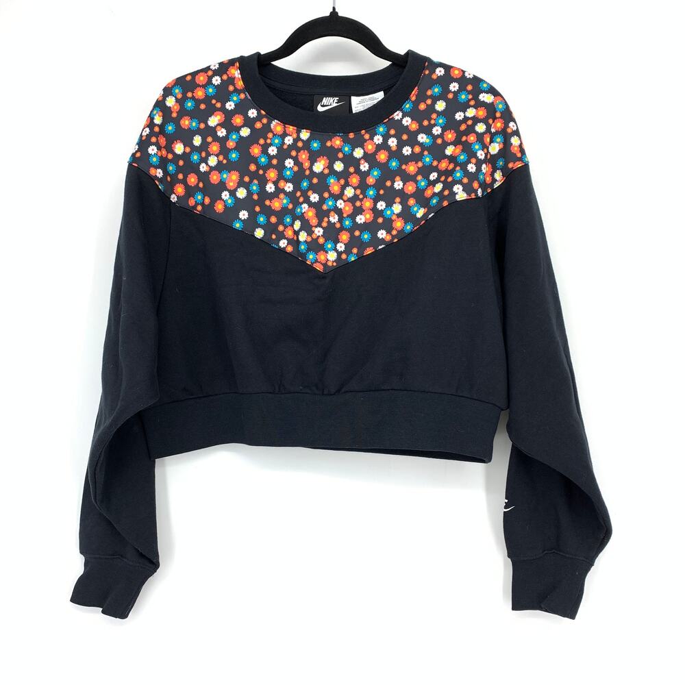 Nike Cropped Heritage Floral Print Crew Neck Sweatshirt Womens Sz Medium Black
